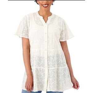 Isaac Mizrahi Cream Embroidered Button Down Top Tunic